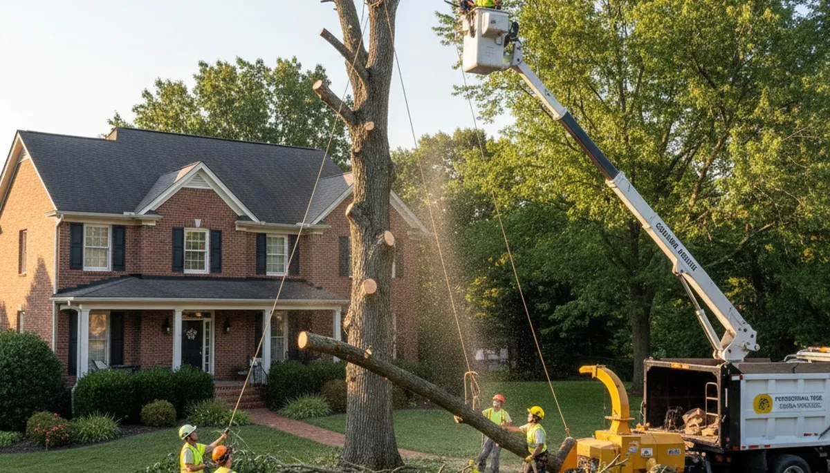 Professional crew performing safe tree removal with bucket truck at Columbia, MO residential property