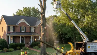 Professional crew performing safe tree removal with bucket truck at Columbia, MO residential property