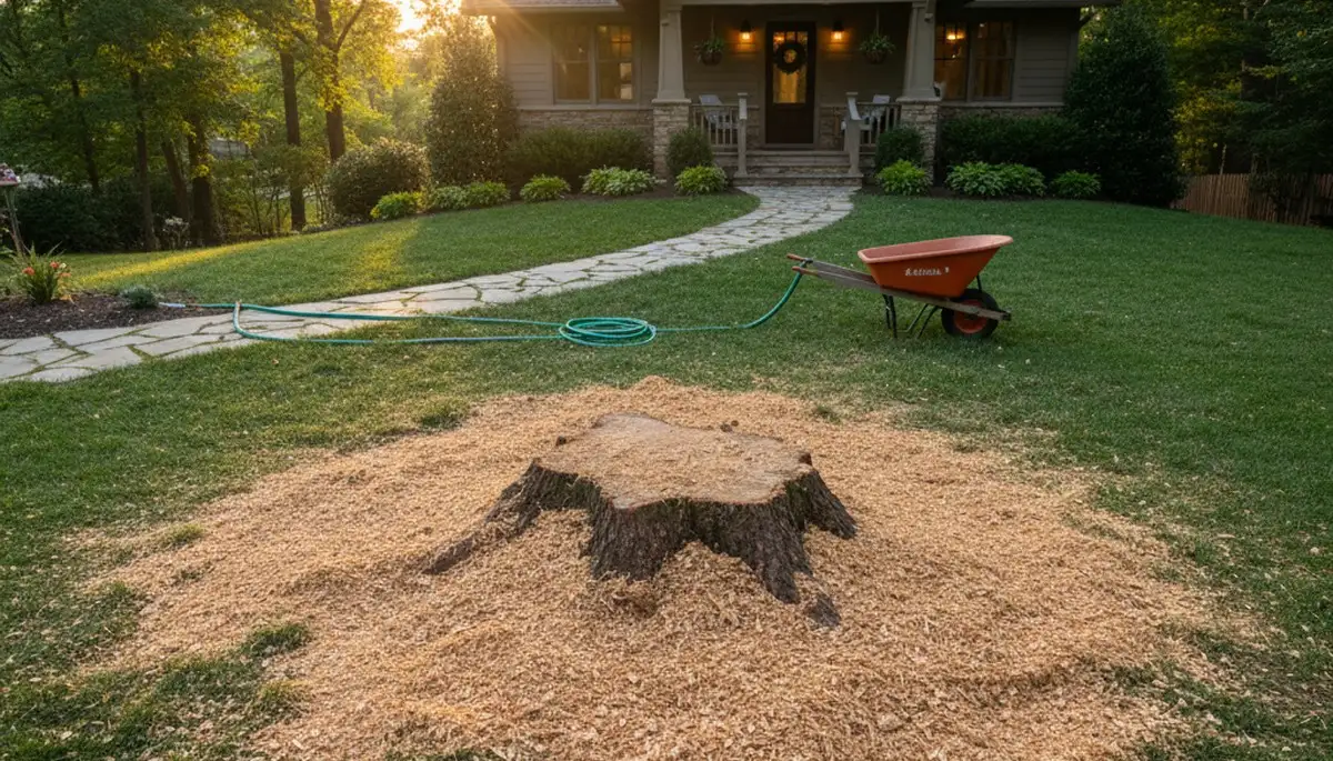 Finished stump grinding and lawn restoration by Chop Chop Tree in Columbia, MO