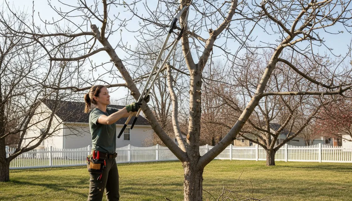 Arborist pruning fruit tree in Columbia MO backyard orchard for healthy growth and better fruit yield