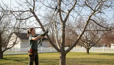 Arborist pruning fruit tree in Columbia MO backyard orchard for healthy growth and better fruit yield