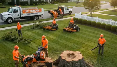Professional tree removal and lawn care team in Columbia, MO clearing yard safely