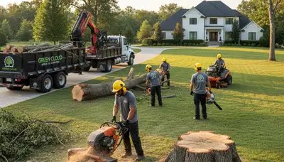 Lawn and tree service crew trimming trees in Columbia, MO yard