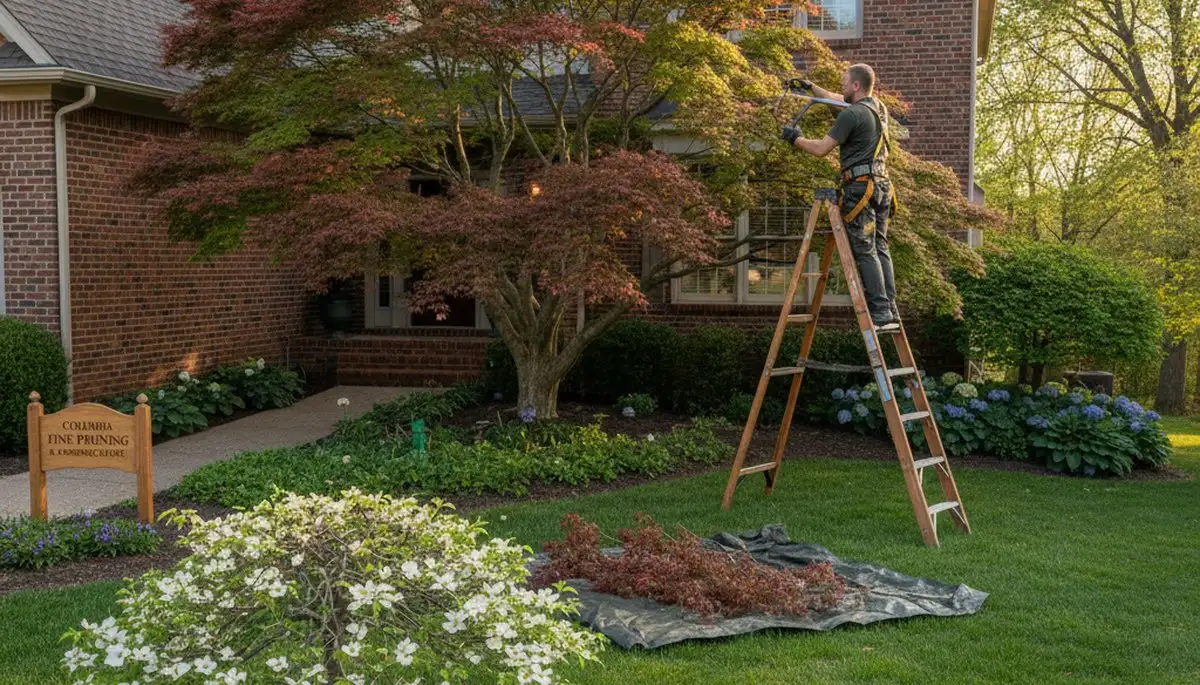 Arborist hand pruning ornamental Japanese maple for curb appeal in Columbia, MO yard