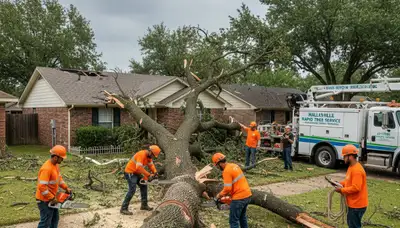 Emergency tree removal crew clearing storm-damaged trees in Hallsville near Columbia, MO