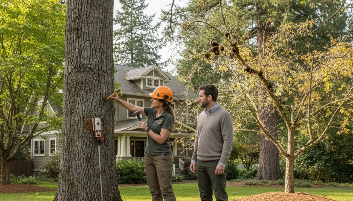 Certified arborist performing tree health assessment for homeowners in Ashland, near Columbia, MO