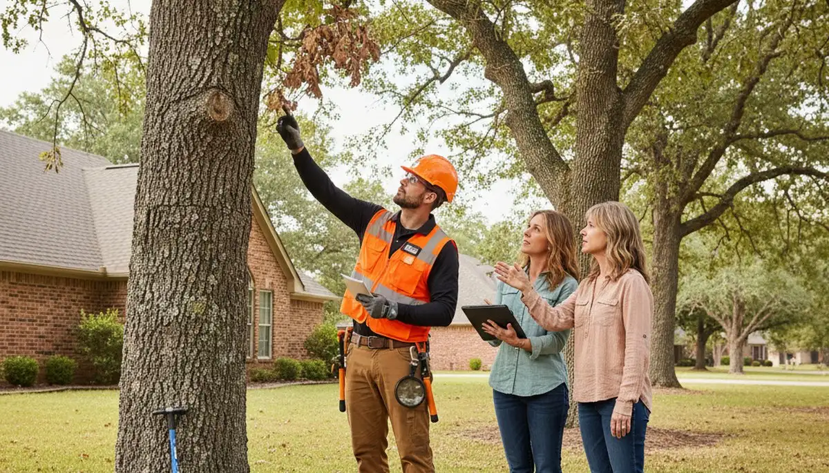 Certified arborist performing tree health assessment in Hallsville, MO for Columbia tree removal services