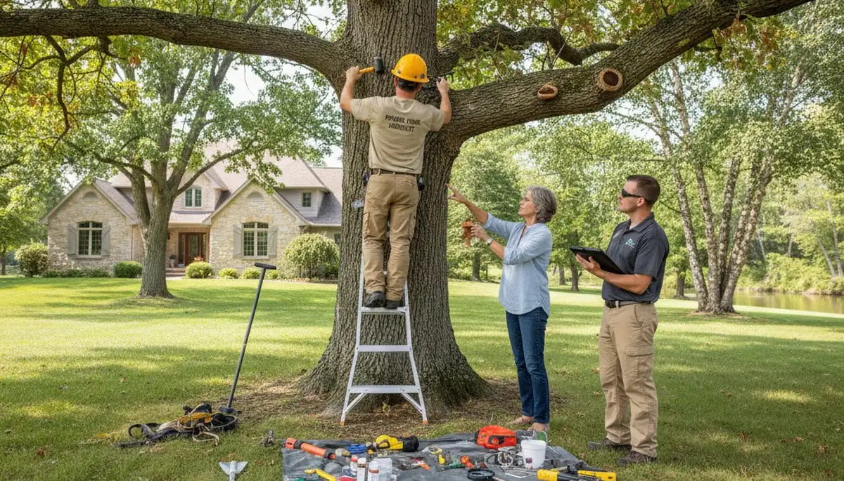 Certified arborist performing tree health assessment in Prairie Home near Columbia, MO