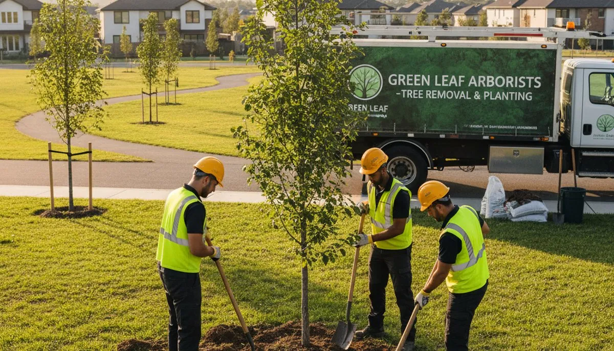Arborists planting new trees in Columbia, MO yard with soil suited for local tree growth