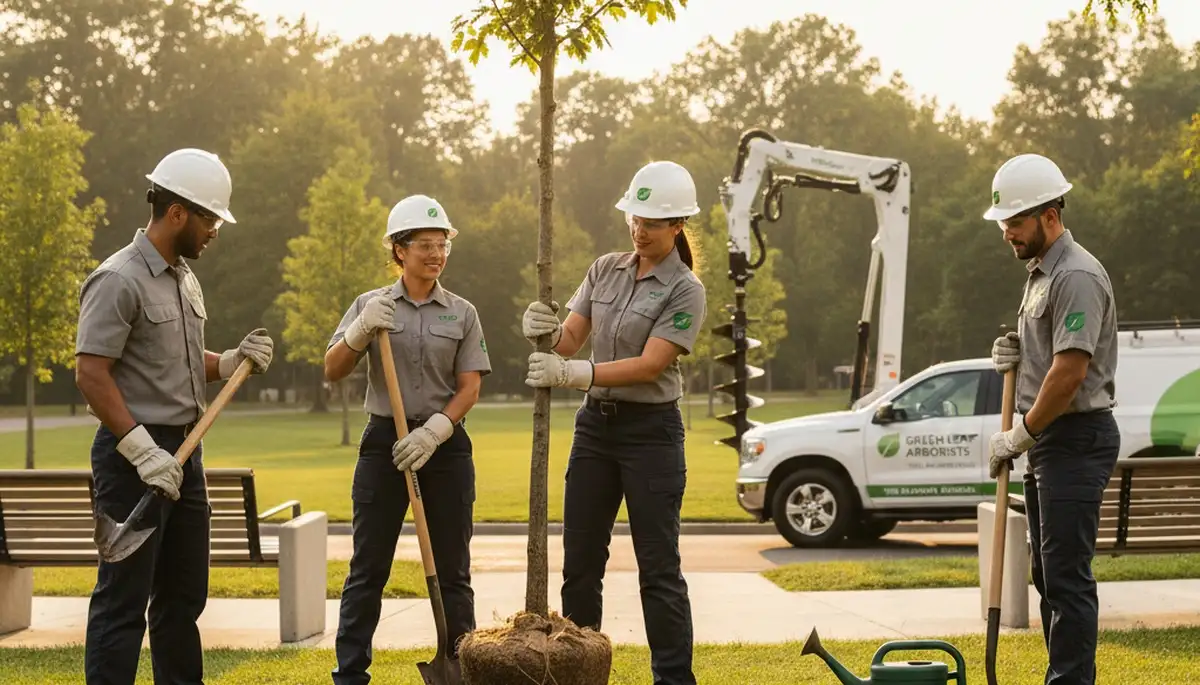 Arborist planting young tree in Columbia, MO yard for Chop Chop Tree landscaping service