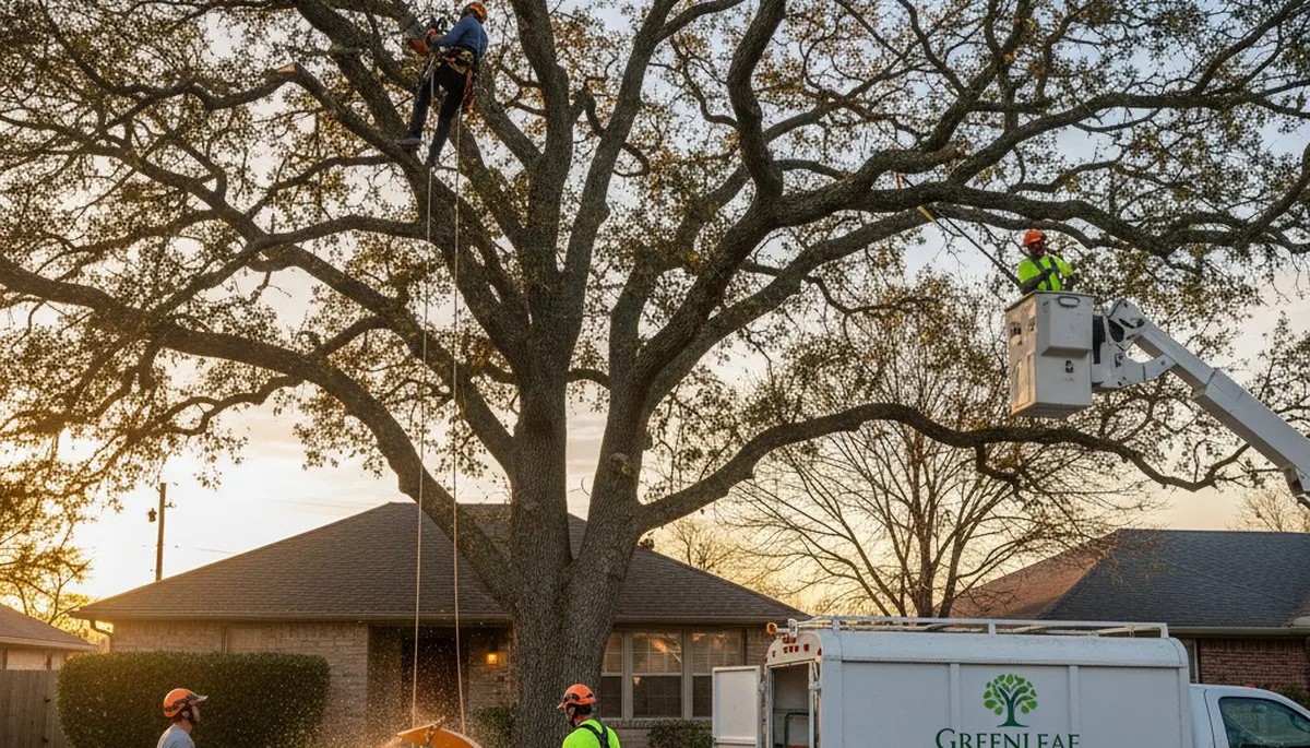 Arborist pruning oak tree branches in Columbia, MO for Chop Chop Tree professional tree service