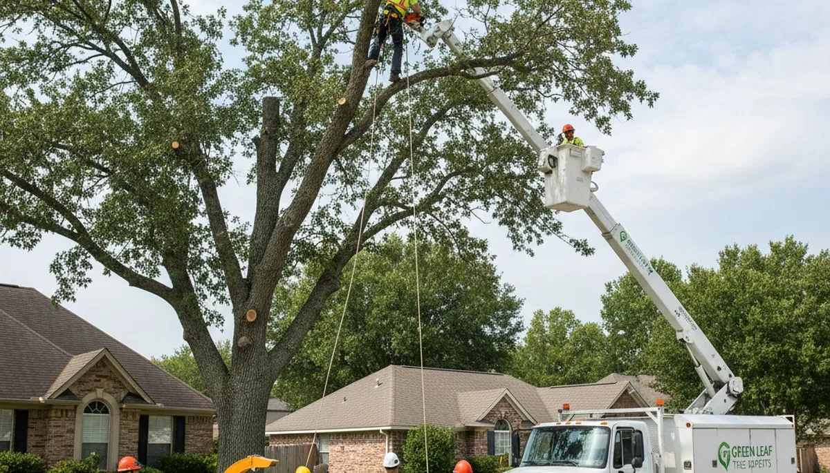 Professional arborists performing safe tree removal in Columbia, MO backyard