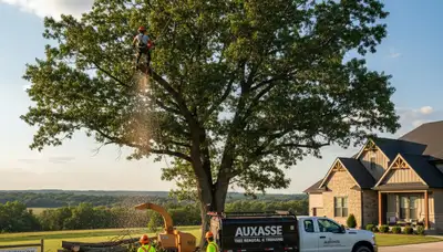 Professional tree removal service in Columbia MO safely cutting large oak near residential property