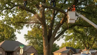 Professional tree removal service in Columbia, MO safely cutting down large oak trees