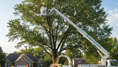 Professional tree removal service in Columbia, MO safely cutting and clearing large oak tree