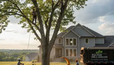 Professional tree removal service in Columbia, MO safely cutting large oak tree