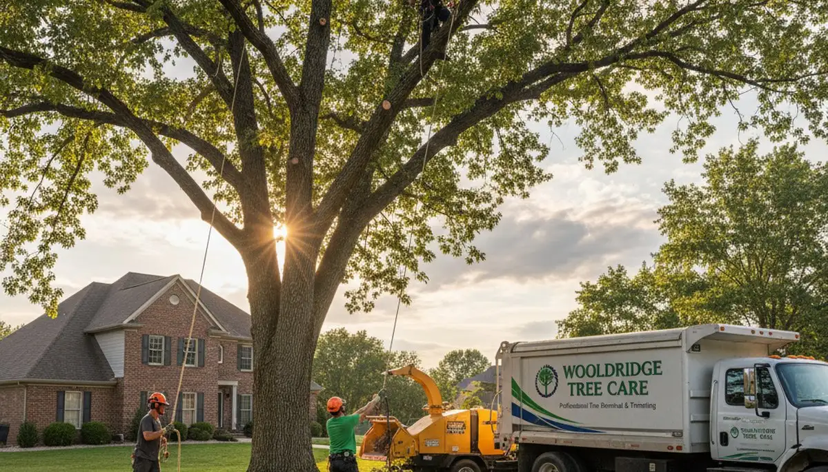 Professional tree removal service in Columbia, MO by certified arborists safely cutting large oak tree